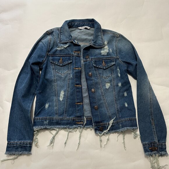 Blu[edit] Distressed cropped Jean Denim Jacket Womens size S Fringe hem western - Picture 1 of 11